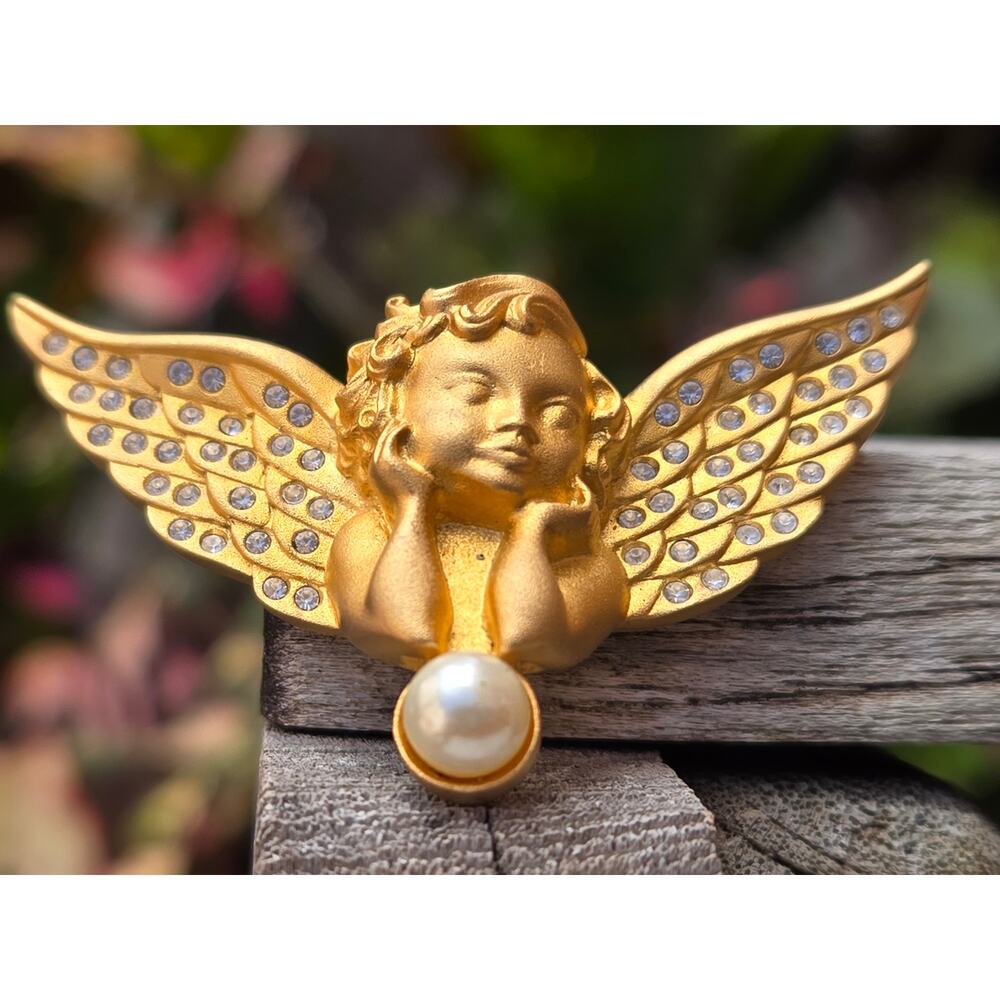 Vintage Swarovski Vermeil and Crystal Winged Angel with Faux Pearl Brooch Pin